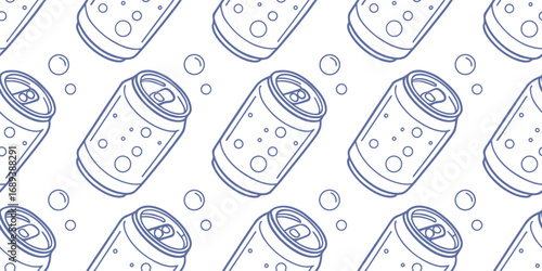 Seamless soda can pattern with fizzy drink bubbles in minimal line art style. Perfect for beverage packaging, fabric, and digital backgrounds. Modern vector soft drink illustration.