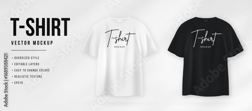 T-shirt mockup in white and black colors. Realistic t-shirt with short sleeves and in oversized style. Realistic blank t-shirt template with empty space for design. Vector