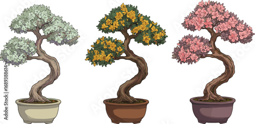 Beautiful bonsai trees in colorful pots, miniature ornamental plants, decorative bonsai art, nature, gardening, indoor plant collection, green foliage