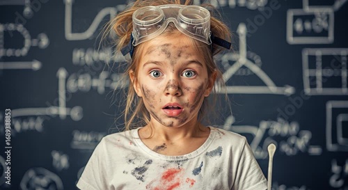 A young child with messy hair, dirty face, and safety goggles looks with wide eyed surprise during a science experiment.
