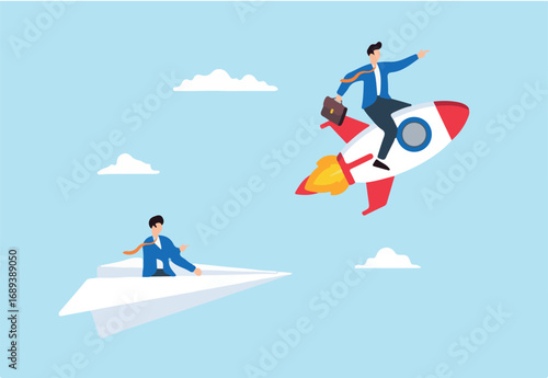 Flat illustration businessman ride rocket to win business competition against origami airplane