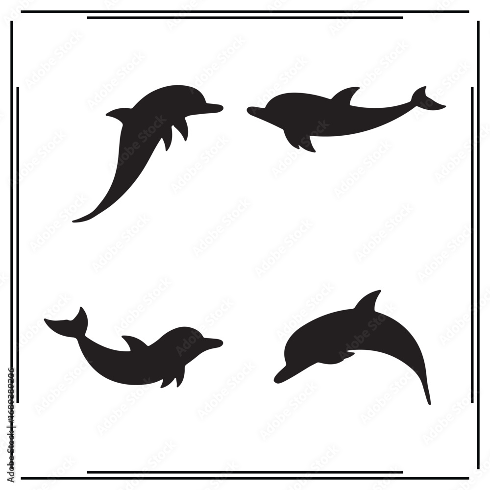 Fototapeta premium Dolphin Silhouettes Set – Creative Dolphin Illustrations in Various Poses for Marine Art, Graphic Projects, and Wildlife Designs
