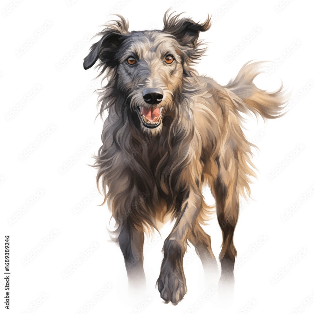 Fototapeta premium This illustration shows a long-haired brown dog running towards the viewer with its mouth open in a joyful expression.