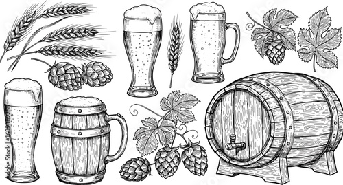 Beer barrel sketch, vintage beer glass, hand-drawn hops, wheat and hops drawing, brewery illustration, Oktoberfest engraving, rustic beer art