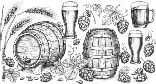 Beer barrel sketch, vintage beer glass, hand-drawn hops, wheat and hops drawing, brewery illustration, Oktoberfest engraving, rustic beer art