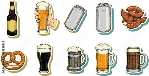Beer bottle, beer glass, beer mug, canned beer, pretzel, sausage, Oktoberfest food, German beer, hand holding beer, celebration