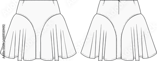 Women's flared skirt vector flat sketch, front and back technical drawing, pleated skirt design, high waist fashion garment template, apparel illustration