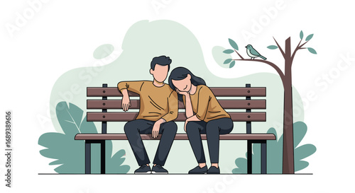 Couple sharing a quiet moment on a park bench with a bird watching nearby