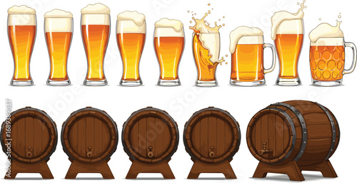 Beer glasses collection, beer mugs with foam, wooden beer barrels, craft beer illustration, brewery drink icons, Oktoberfest themed clipart