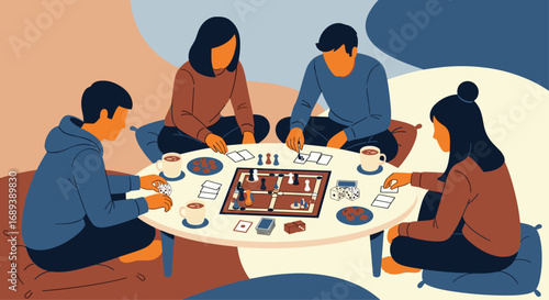 Friends gather for cozy board game night with coffee and cookies, enjoying quality time together
