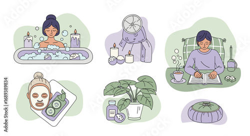 Self-care moments include relaxing bath, journaling, and beauty routines for wellness