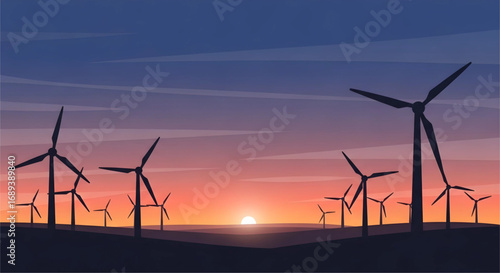 Wind Turbines Silhouette at Sunset Clean Energy Renewable Power Generation