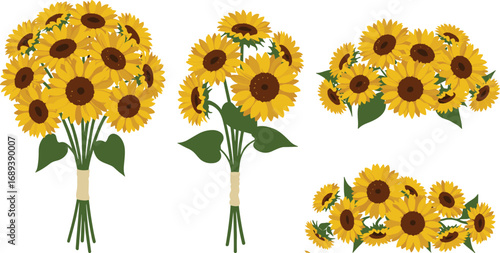 Bright sunflower bouquets and arrangements with vibrant yellow petals and green leaves, summer floral design, decorative nature illustration, isolated on white background