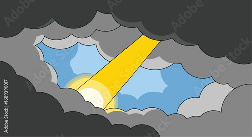 Hope emerges with a bright sunbeam breaking through dark storm clouds, symbolizing optimism.