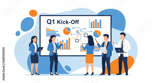 Diverse team presents Q1 kick-off strategy with charts and data in modern office