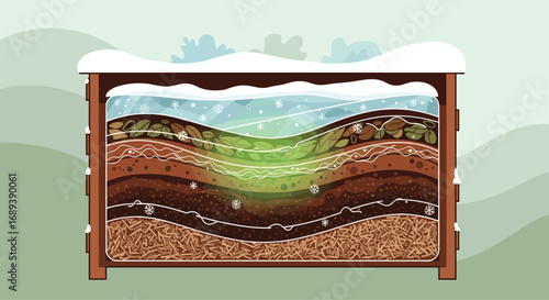 Cross section of compost bin layers showing organic material decomposition in winter season