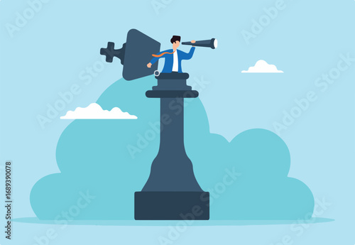 Flat illustration of business leader open chess king while looking through binocular planning business strategy