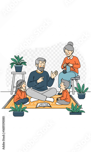An illustration of a family, including grandparents and two children, sitting on a rug surrounded by plants, enjoying storytelling and knitting.