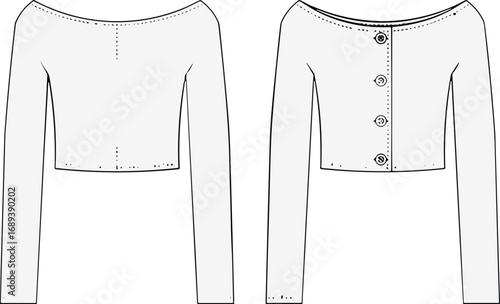 Women's off-shoulder crop top vector flat sketch, front and back technical drawing, long sleeve buttoned back blouse, fashion garment design illustration template