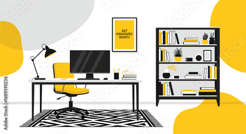 Modern home office setup with computer, desk, chair, and bookshelf, perfect for productivity