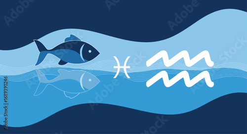 Pisces and Aquarius zodiac symbols with fish swimming in blue wavy water background