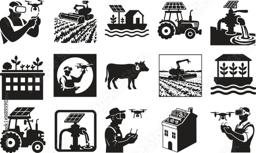 A collection of black and white icons depicting various aspects of modern and smart farming technologies.