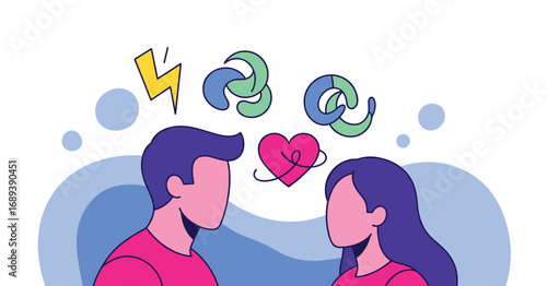 Captivating connection sparks between two people with love and ideas swirling above