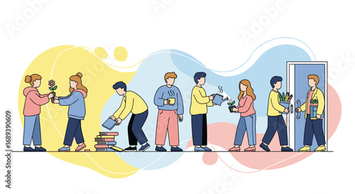 People helping each other with tasks like sharing flowers, books, and plants, conveying community and support.