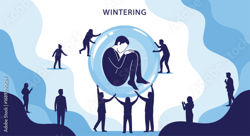 Isolated person in protective bubble surrounded by supportive community offering help and connection