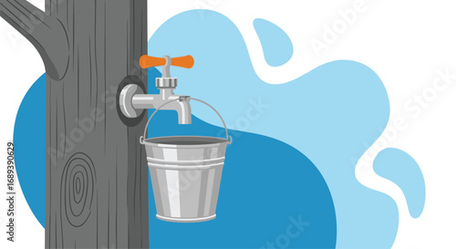 Tap collecting water into bucket on tree, symbolizing resourcefulness and sustainable practices