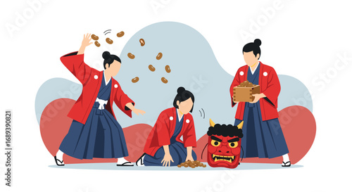 People celebrating Setsubun festival by throwing beans at demon mask in traditional attire