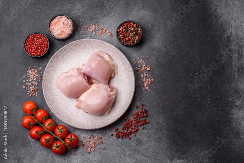 Chicken or turkey raw thigh fillet, skinless and boneless poultry meat. Chicken thigh fillet
