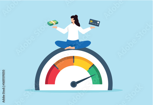 Flat illustration of happy woman hold banknote and credit card sitting above credit gauge with good rating