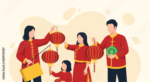 Family happily prepares for Lunar New Year decorating with vibrant red lanterns