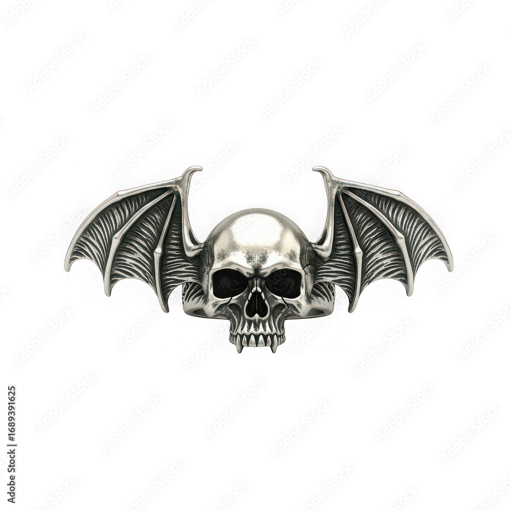Fototapeta premium Detailed silver skull ring with bat wings jewelry gothic biker rock punk style accessory design isolated on transparent background