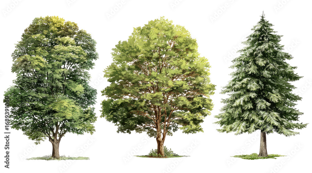 Obraz premium Three diverse trees in a row, digitally rendered