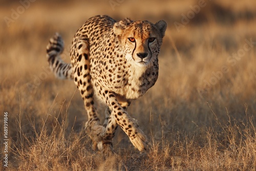 Fast wildlife predator cheetah (Acinonyx jubatus), a sleek big cat mammal feline hunter, stalks the grass of the Serengeti National Park savannah