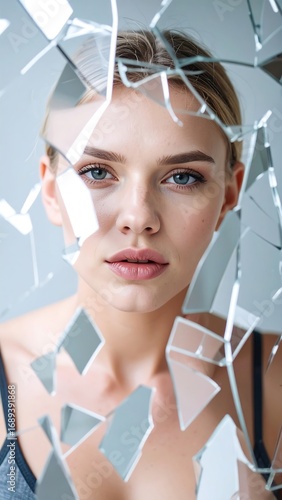Woman behind shattered mirror, serious gaze