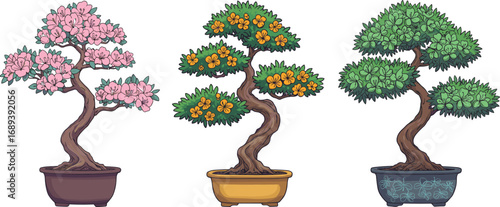 Set of decorative bonsai trees in pots with pink, yellow flowers and green leaves, traditional miniature plant art, isolated on white background