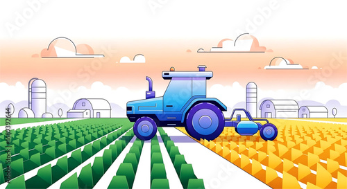 Modern Tractor Cultivating Fields Agriculture Technology Illustration