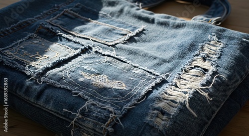 Denim tote bag with patches frayed edges and embroidery details