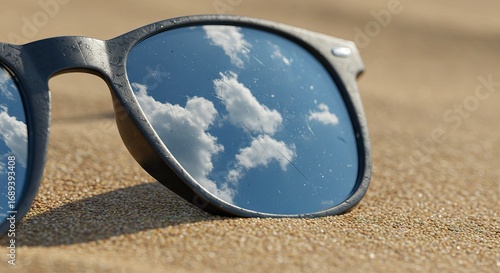 Sunglasses on sand reflect blue sky and clouds closeup shot emphasizing texture and clarity