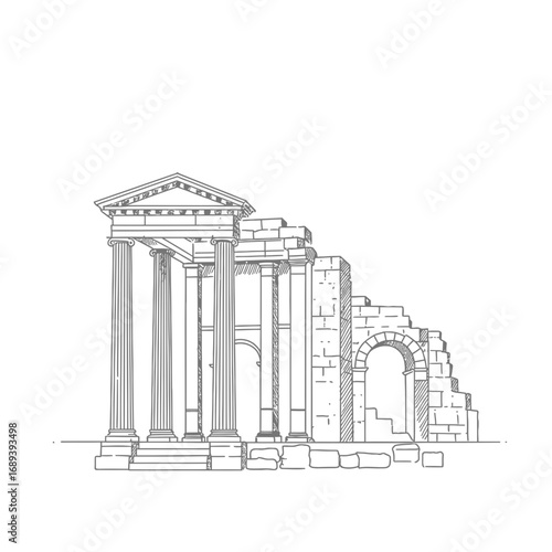 Gray Scale Drawing of Ancient Ruins with Columns and Arch