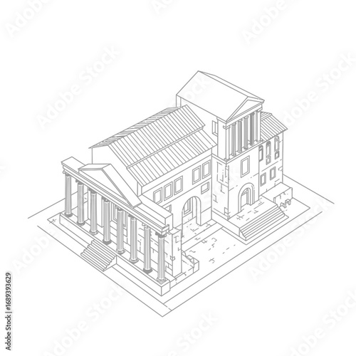 Gray Scale Isometric Line Drawing of Classical Building