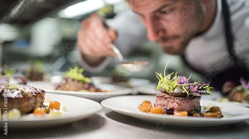 Culinary Mastery: Gourmet Chef Plating Fine Dining Dish with Fresh Ingredients and Artful Presentation in Professional Restaurant Kitchen for Michelin Star Tasteful Experience
