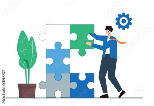 Flat illustration of person assembling puzzle pieces into new shape representing restructuring and adaptation in career