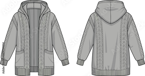 Stylish hoodie front and back technical fashion flat sketch, modern streetwear design, vector illustration, garment template for clothing manufacturers, fashion designers, apparel brands