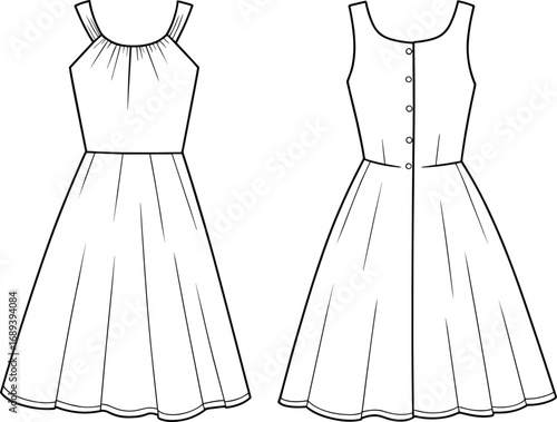 Fashion flat sketch of sleeveless flared dress with gathered neckline, back button closure, front and back technical vector illustration