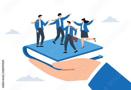Flat illustration of businessman hand holding handbook with new employees