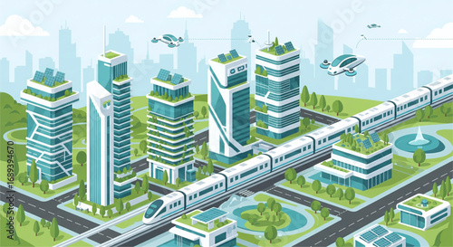 Futuristic Eco Friendly City with High Speed Train and Flying Drones Isometric Illustration